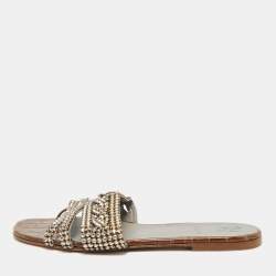 Gina Brown Croc Embossed Leather Crystal Embellished Loren Flat Sandals Size 39