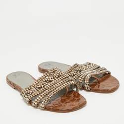 Pre Owned Gina Brown Croc Embossed Leather Crystal Embellished Loren Flat Sandals Size 39