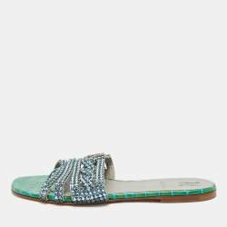 Gina Green Croc Embossed Patent Leather Crystal Embellished Loren Flat Slide Size 38.5