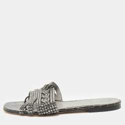 Gina Dark Green Croc Embossed Crystal Embellished Loren Flat Slide Size 39