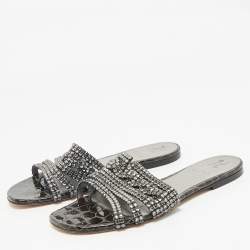 مملوكة مسبقًا صندل سلايد لورين مسطح مزين بالكريستال ساتان أسود جينا مقاس 41