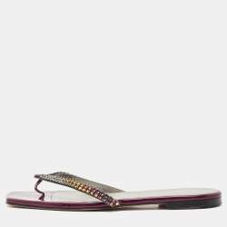 Gina Burgundy Leather Crystal Embellished Thong Flat Slides Size 40.5