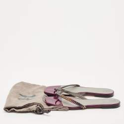 Pre Owned Gina Burgundy Leather Crystal Embellished Thong Flat Slides Size 40.5