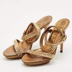 Pre Owned Gina Gold Leather Crystal Embellished Ankle Strap Sandals Size 38