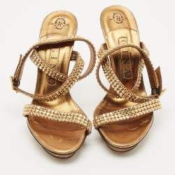 Pre Owned Gina Gold Leather Crystal Embellished Ankle Strap Sandals Size 38