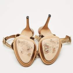 Pre Owned Gina Gold Leather Crystal Embellished Ankle Strap Sandals Size 38