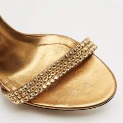 Pre Owned Gina Gold Leather Crystal Embellished Ankle Strap Sandals Size 38