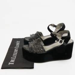 Pre Owned Gina Black Velvet Crystal Embellished Wedge Platform Ankle-Strap Sandals Size 38.5