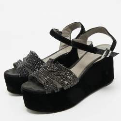 Pre Owned Gina Black Velvet Crystal Embellished Wedge Platform Ankle-Strap Sandals Size 38.5