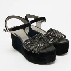 Pre Owned Gina Black Velvet Crystal Embellished Wedge Platform Ankle-Strap Sandals Size 38.5