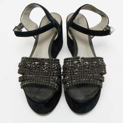 Pre Owned Gina Black Velvet Crystal Embellished Wedge Platform Ankle-Strap Sandals Size 38.5