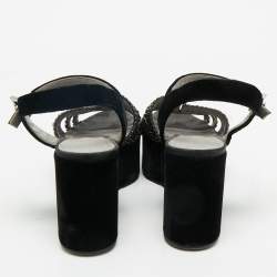 Pre Owned Gina Black Velvet Crystal Embellished Wedge Platform Ankle-Strap Sandals Size 38.5