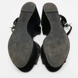 Pre Owned Gina Black Velvet Crystal Embellished Wedge Platform Ankle-Strap Sandals Size 38.5