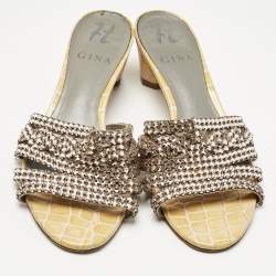 Pre Owned Gina Gold Croc Embossed Patent Leather and Leather Vida Crystals Slide Sandals Size 38.5