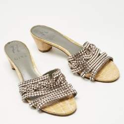 Pre Owned Gina Gold Croc Embossed Patent Leather and Leather Vida Crystals Slide Sandals Size 38.5