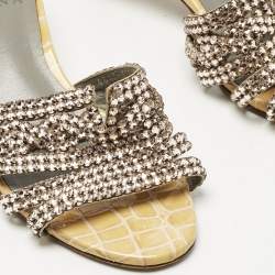 Pre Owned Gina Gold Croc Embossed Patent Leather and Leather Vida Crystals Slide Sandals Size 38.5