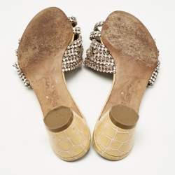 Pre Owned Gina Gold Croc Embossed Patent Leather and Leather Vida Crystals Slide Sandals Size 38.5