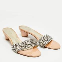 Pre Owned Gina Silver Patent Leather Crystal Embellished Slide Sandals Size 38.5