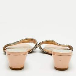 Pre Owned Gina Silver Patent Leather Crystal Embellished Slide Sandals Size 38.5