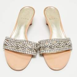 Pre Owned Gina Silver Patent Leather Crystal Embellished Slide Sandals Size 38.5