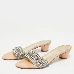 Pre Owned Gina Silver Patent Leather Crystal Embellished Slide Sandals Size 38.5