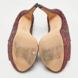 Pre Owned Gina Burgundy Satin Crystal Embellished Peep Toe Platform Pumps Size 39.5