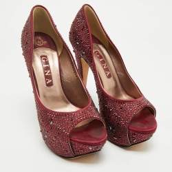 Pre Owned Gina Burgundy Satin Crystal Embellished Peep Toe Platform Pumps Size 39.5