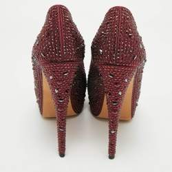 Pre Owned Gina Burgundy Satin Crystal Embellished Peep Toe Platform Pumps Size 39.5