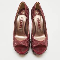 Pre Owned Gina Burgundy Satin Crystal Embellished Peep Toe Platform Pumps Size 39.5