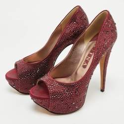 Pre Owned Gina Burgundy Satin Crystal Embellished Peep Toe Platform Pumps Size 39.5