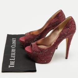 Pre Owned Gina Burgundy Satin Crystal Embellished Peep Toe Platform Pumps Size 39.5