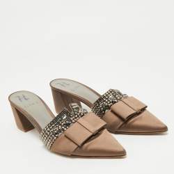 Pre Owned Gina Brown Satin Crystal Embellished Chachki Block Heel Mules Size 38