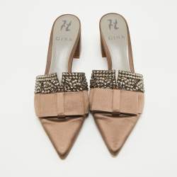 Pre Owned Gina Brown Satin Crystal Embellished Chachki Block Heel Mules Size 38