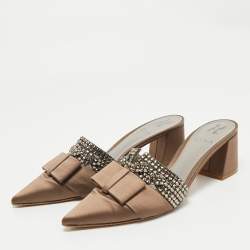 Pre Owned Gina Brown Satin Crystal Embellished Chachki Block Heel Mules Size 38