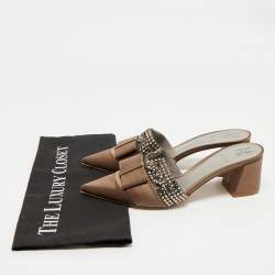 Pre Owned Gina Brown Satin Crystal Embellished Chachki Block Heel Mules Size 38