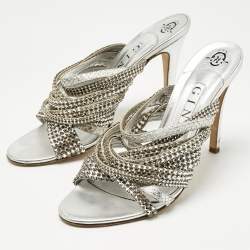 Pre Owned Gina Silver Leather and Snakeskin Embossed Crystal Embellished Slide Sandals Size 39.5