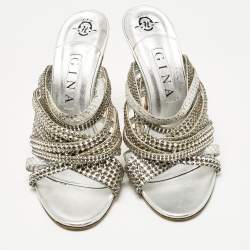 Pre Owned Gina Silver Leather and Snakeskin Embossed Crystal Embellished Slide Sandals Size 39.5