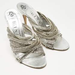 Pre Owned Gina Silver Leather and Snakeskin Embossed Crystal Embellished Slide Sandals Size 39.5