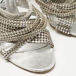 Pre Owned Gina Silver Leather and Snakeskin Embossed Crystal Embellished Slide Sandals Size 39.5