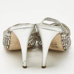 Pre Owned Gina Silver Leather and Snakeskin Embossed Crystal Embellished Slide Sandals Size 39.5