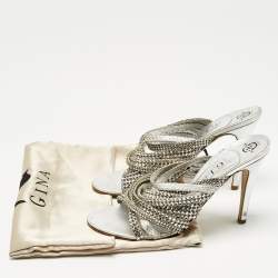 Pre Owned Gina Silver Leather and Snakeskin Embossed Crystal Embellished Slide Sandals Size 39.5