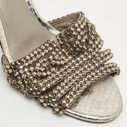 Pre Owned Gina Silver Croc Embossed Leather Crystal Embellished Slide Sandals Size 38.5