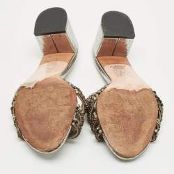 Pre Owned Gina Silver Croc Embossed Leather Crystal Embellished Slide Sandals Size 38.5