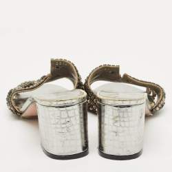 Pre Owned Gina Silver Croc Embossed Leather Crystal Embellished Slide Sandals Size 38.5