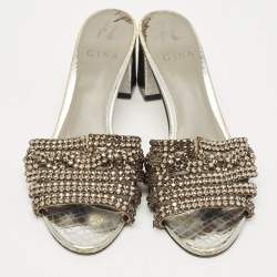 Pre Owned Gina Silver Croc Embossed Leather Crystal Embellished Slide Sandals Size 38.5