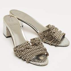 Pre Owned Gina Silver Croc Embossed Leather Crystal Embellished Slide Sandals Size 38.5
