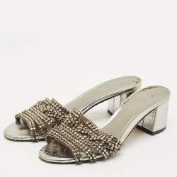 Pre Owned Gina Silver Croc Embossed Leather Crystal Embellished Slide Sandals Size 38.5
