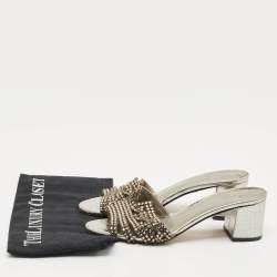 Pre Owned Gina Silver Croc Embossed Leather Crystal Embellished Slide Sandals Size 38.5