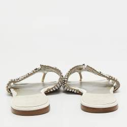 مملوكة مسبقًا Gina Silver Leather Crystal Embellished Leather Loren Flat Sandals Size 39.5