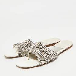 مملوكة مسبقًا Gina Silver Leather Crystal Embellished Leather Loren Flat Sandals Size 39.5